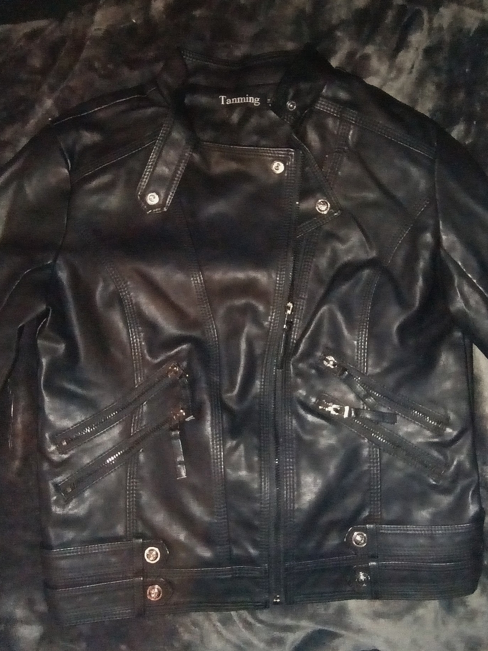 Tanmimg Black Faux Leather Biker Jacket - Women